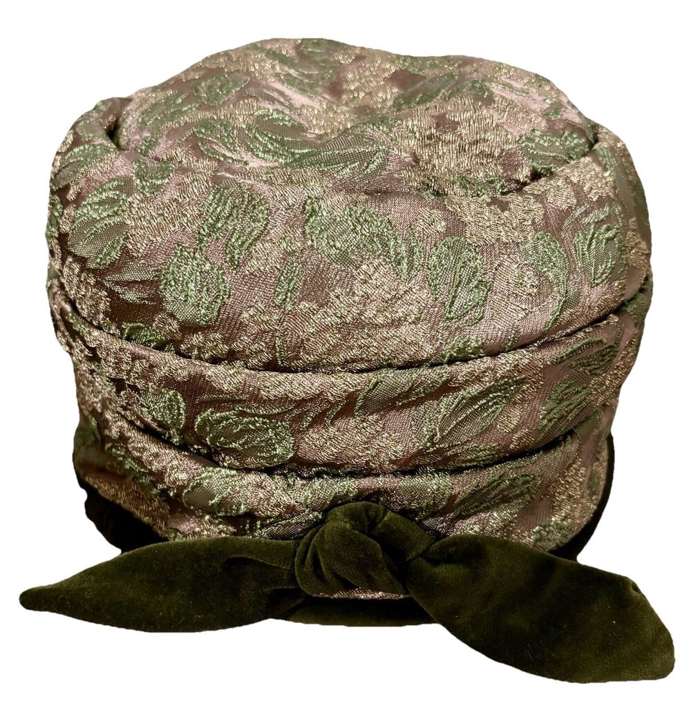 Antique 1930s Art Deco Brocade Toque Hat Green Velvet Bow Original Box